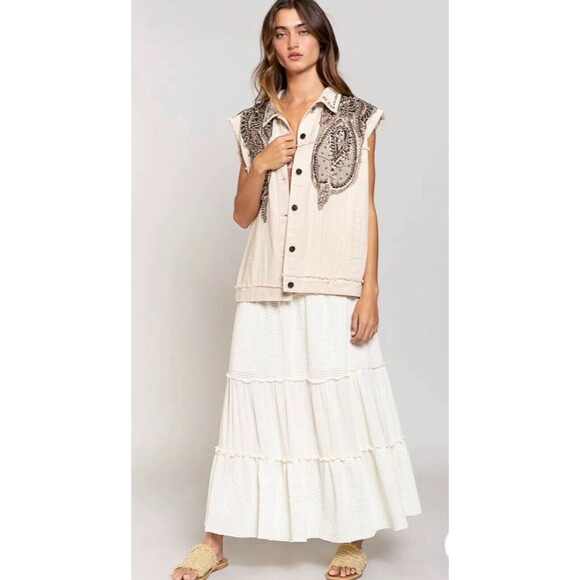 POL Jackets & Blazers - POL Denim Vest Studded Cream Off White Mesh Distressed Embellished Small